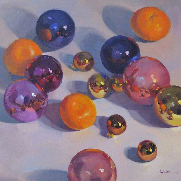 Art painting original oil on panel "Christmas Cuties" by Sarah Sedwick 10x10 inches