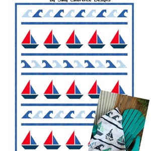 Peut inclure: Un modèle de courtepointe pour une courtepointe sur le thème nautique avec des voiliers rouges et bleus et des vagues bleues sur un fond blanc. Le modèle s'appelle "Chatham Races" par Sally Lawrence Designs et mesure 74 pouces par 102 pouces.