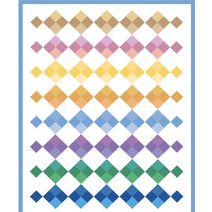 Pode incluir: Um padrão de colcha intitulado "Bittersweet" com um design geométrico de losangos coloridos em fileiras. O tamanho final é de 145 cm x 178 cm. O padrão é "Fat Eighth Friendly". O design apresenta tons de castanho, rosa, amarelo, laranja, azul, roxo, verde e azul.