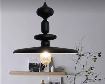 Handmade Black Metal Pendant Light with Crystal Accents - Adjustable Height