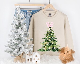 Coquette Christmas Tree PNG: Pink Bow Watercolor Holiday (Digital Download)