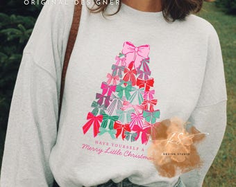 Merry Little Christmas Bow Tree Sweatshirt – Pink Bow Gildan & Comfort Colors Crewneck