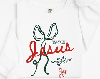 Jesus Christmas Sweatshirt – Faith Script Bow Design | Gildan & Comfort Colors Crewneck