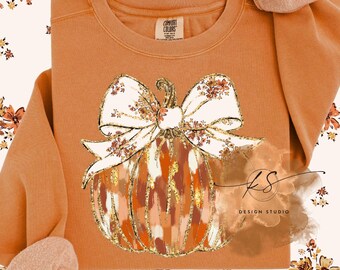 Floral Bow Pumpkin PNG | Glitter Fall Sublimation Design (Digital Download)