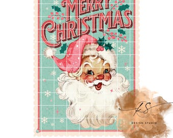 Retro Santa Stamp PNG: Pink Vintage Christmas Design (Digital Download)