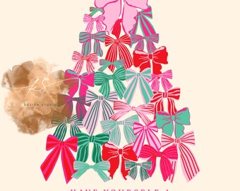 Coquette Christmas Tree PNG: Pink & Mint Bows Holiday (Digital Download)