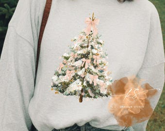 Coquette Christmas Tree PNG: Pink Bows, Watercolor Holiday (Digital Download)