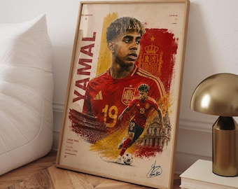 May include: A vertical poster featuring a stylized illustration of soccer player Lamine Yamal in a red Spain jersey with the number 19. The design includes yellow and red paint splatters, the Spanish national crest, and the text YAMAL.