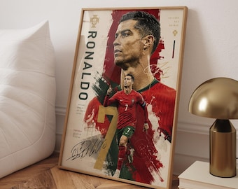 May include: A vertical rectangular poster featuring a portrait and a full-body action shot of Cristiano Ronaldo in a red Portugal soccer jersey. The design includes the text RONALDO, a large gold number 7, a signature, and red paint brush strokes.