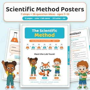 Puede incluir: Un conjunto de carteles educativos titulados Scientific Method Posters que presentan 7 pasos y 36 ideas de preguntas. Los carteles incluyen ilustraciones de los personajes Amara, Juno y Leo, junto con diagramas de vasos de precipitados y equipo de laboratorio.