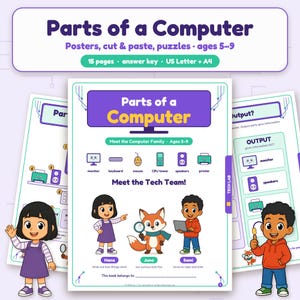 May include: Educational activity pages titled Parts of a Computer for ages 5-9. The sheets feature illustrations of computer components like a monitor, keyboard, mouse, CPU tower, speakers, and printer, alongside characters named Hana, Juno, and Sami.