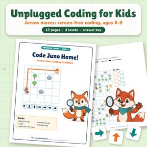 Può includere: Un libro di attività stampabile intitolato Unplugged Coding for Kids con labirinti di codifica a frecce. Le pagine includono un personaggio volpe, puzzle a griglia e istruzioni per leggere, scrivere e correggere il codice. 17 pagine.