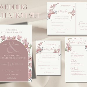 Lot de modèles de faire-part de mariage | Ensemble d'invitation de couleur vert sauge et rose cendré | Invitation 5 x 7, | Toile modifiable|Imprimable numérique