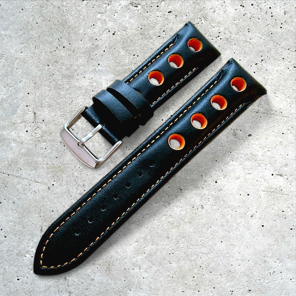 Leather Rally Racing Watch Strap, Black with Orange Detail