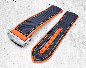 Correa de reloj de tela FKM híbrida con extremo curvo, 20 mm, 21 mm y 22 mm, color azul y naranja