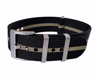 Geribbeld opgewaardeerd nylon militair horlogebandje, 1,4 mm dik, 20 mm, 22 mm, zwart kaki streep
