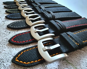 High Quality Canvas Sailcloth Watch Strap Band Black with Coloured Stitching Mens 18mm 20mm 22mm 24mm