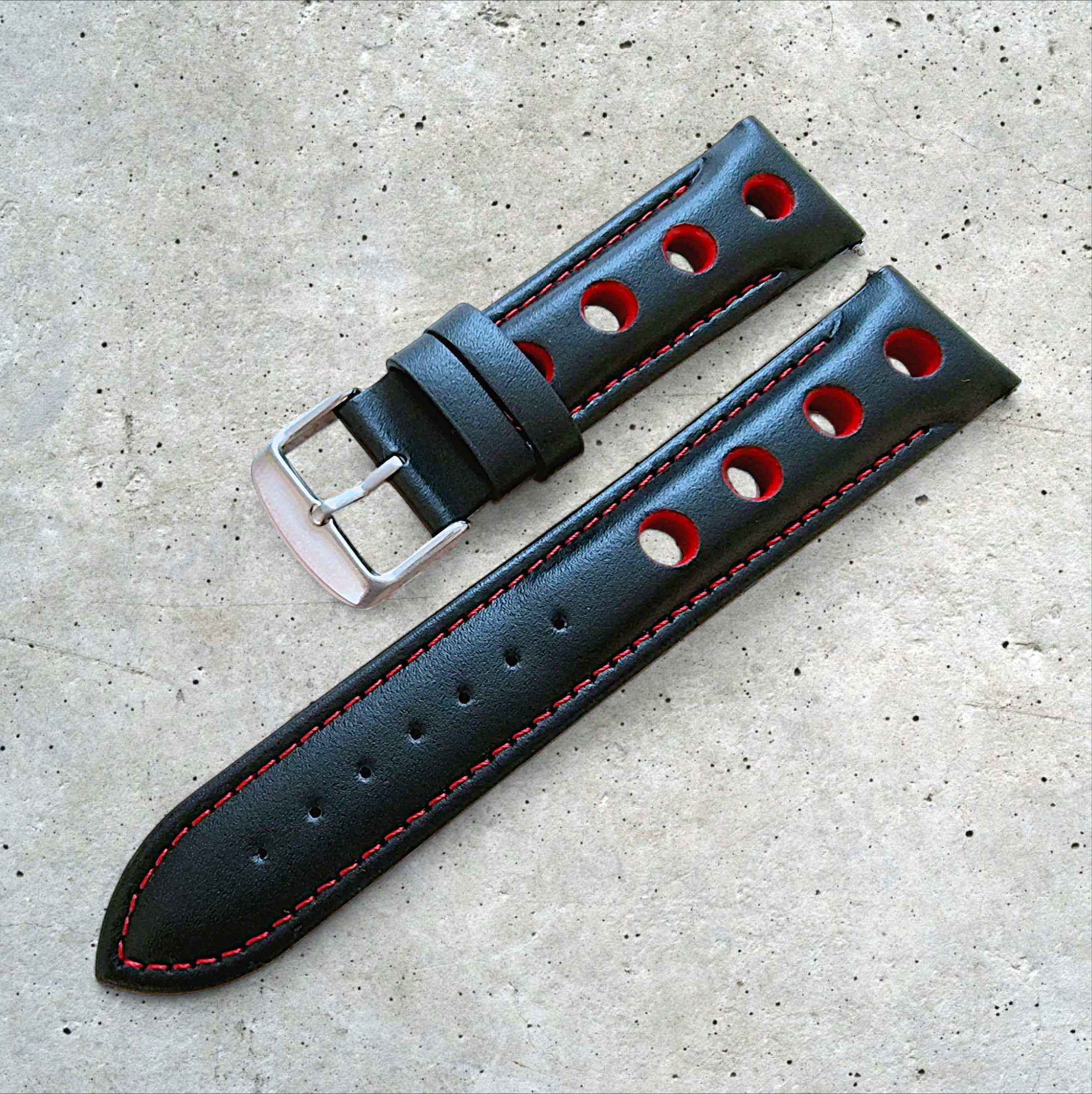 Chronograph Rally Strap Rally Racing Watch Strap: Premium Leather, Black With Red Stitch - Etsy