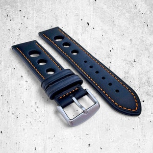 Premium Leather Watch Strap Band Rally Racing 18mm 20mm 22mm 24mm Black Orange
