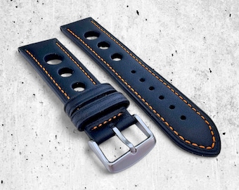Premium leren Rally Racing-horlogeband, zwart met oranje stiksel