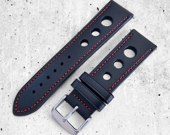 Leren Rally Racing-horlogeband: zwarte band met rode stiksels