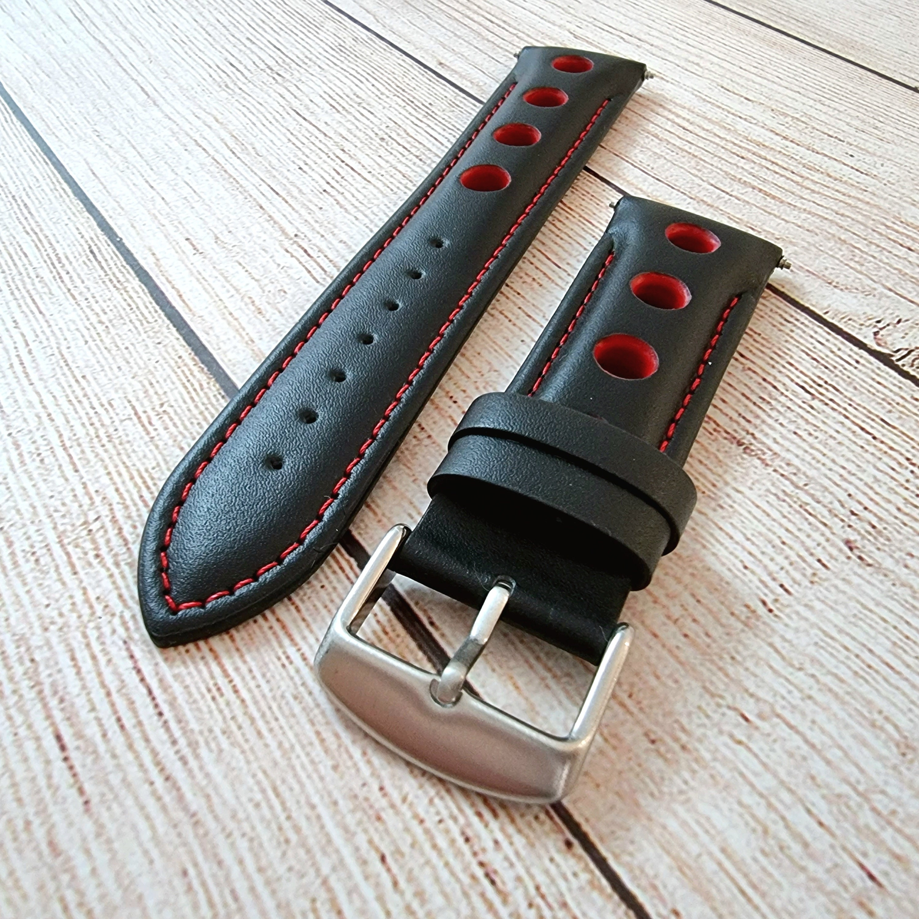 Crono Rally Strap Rally Racing Watch Strap: Premium Leather, Black With Red Stitch - Etsy