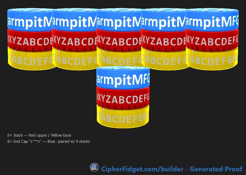 Może przedstawiać: Kolekcja cylindrycznych obiekt&oacute;w z niebieskimi g&oacute;rnymi częściami, czerwonymi środkami i ż&oacute;łtymi podstawami. Każdy cylinder jest oznaczony literami i tekstem "armpitMF". Obraz zawiera tekst "CipherFidget.com/builder - Generated Proof".