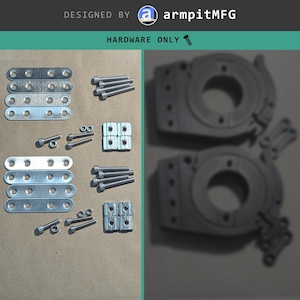 May include: A hardware kit by armpitMFG featuring eight rectangular silver metal plates with four holes each, eight silver bolts, eight silver nuts, and four square silver metal blocks, alongside two blurred dark grey circular mechanical components.