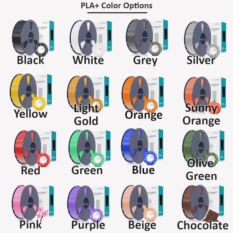 May include: PLA+ filament color options for 3D printing.  The image shows 12 spools of filament in various colors, including black, white, grey, silver, yellow, light gold, orange, sunny orange, red, green, blue, olive green, pink, purple, beige, and chocolate.
