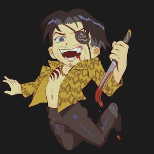 May include: Cartoon illustration of a character with black hair, an eye patch, and a gold patterned jacket. The character is holding a bloody knife and has a menacing expression. The background is black.
