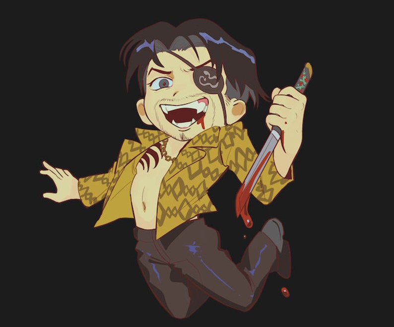 May include: Cartoon illustration of a character with black hair, an eye patch, and a gold patterned jacket. The character is holding a bloody knife and has a menacing expression. The background is black.