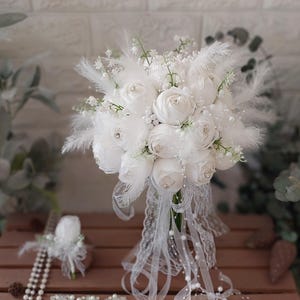 Feathered Peony Wedding Bouquet, Pearly White Bridal Flower, bridesmaid