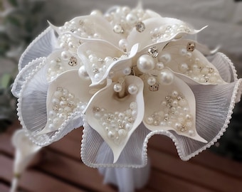 Handmade Ivory Wedding Bouquet – Pearl and Crystal Bridal Flowers, Elegant Faux Arrangement, bridal bouquet, wedding accessories