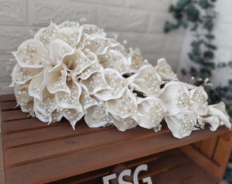 custom Handmade  Wedding Bouquet, Pearl  Waterfall Design, Luxury Bride Bouquets