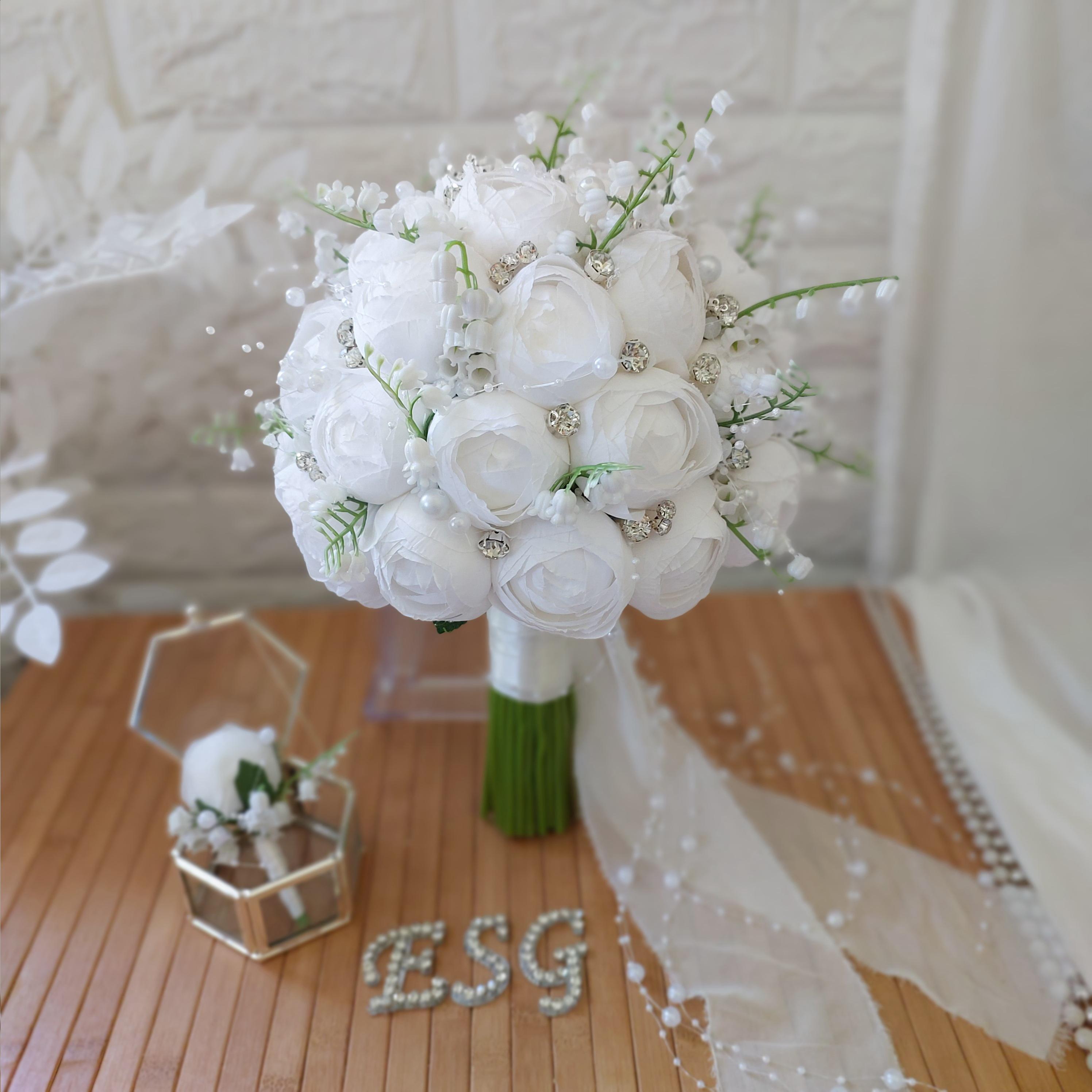 White Artificial Peony Bridal Bouquet, with Lily of the Valley and Pearls ,Elegant Handmade Wedding Flowers