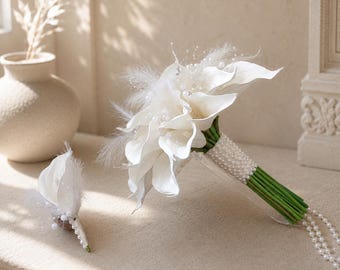 White Calla Lily Bridal Bouquet with Pearls, Elegant Wedding floral, Handmade Flowers, Keepsake Gift
