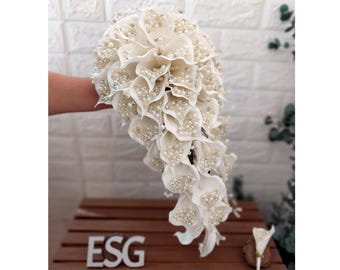 luxury Wedding Bouquet  Handmade Rustic Boho Bridal Bouquet | Waterfall Design with Pearls  Lilies, wedding accessory