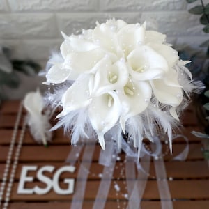 Calla Lily Bridal Bouquet,  White Pearls, Feathers bridal flower design