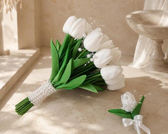 Tulip Bouquet  Real Touch White Bridal Flowers Pearl Handmade Wedding Flower