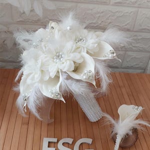 Luxury handmade Bridal Bouquet, ivory wedding flower accessory, Pearl Bouquets, boutonniere
