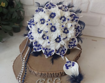 Royal Blue Bridal Bouquet, Crystal stones hanmadde Wedding floral  White Satin Flower Bouquets