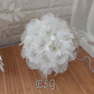 custom Handmade Bridal Bouquet, Pearls Crystals, Elegant Wedding Accessory, Artificial feathers, rhinestones bridesmaid