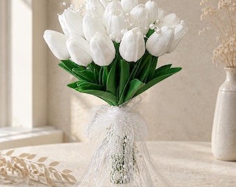 Real Touch Tulip With Pearl Accents and Delicate Ribbon, Bridal Bouquet  Elegant Wedding Arrangement