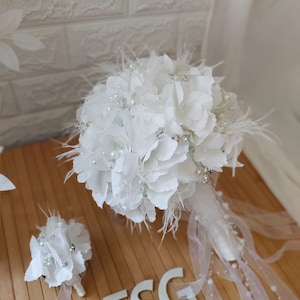 Weiße Hortensie Blume, Brautstrauß, handgemachte Perle Strass Hochzeit Accessoire, Brautjungfer, Boutonniere