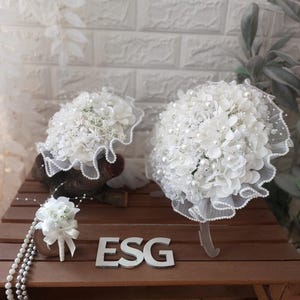 Boho White Bridal Bouquet with Pearls, Rustic Wedding Flowers, Handmade Natural Bride Accessory