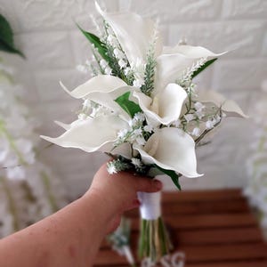 Artificial White Rose Lily Bridal Bouquet, Real Touch Wedding Flowers, Romantic Bridal Bouquets