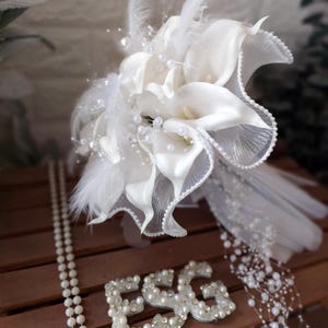 Cream White Bridal Bouquet,  Handmade Faux Calla Flowers, Pearls, Tulle wedding accessory