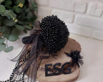 Ramo de novia de lujo con perlas negras y cristales, accesorio de boda hecho a mano.