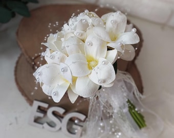 Real-Touch ivory Magnolia Bridal Bouquet with Elegant Pearl Accents