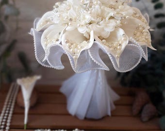 Handmade Ivory Bridal Bouquet, Pearls, Crystal Wedding Accessory, artificial flower bouquets, bridesmaid